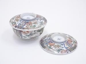明治期　伊万里焼　錦手花鳥文蓋茶碗